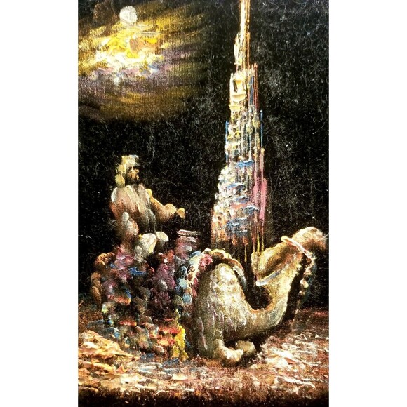 Pair Vintage Black Velvet Camel Paintings Kitsch Mid Century Artwork 8"x10" - Picture 3 of 5